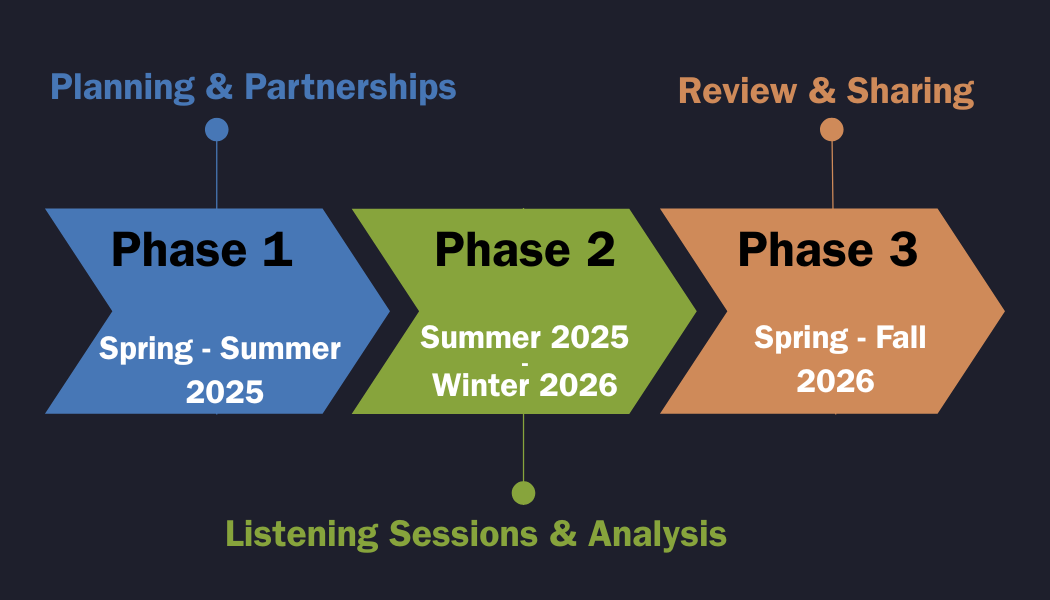 An image of three sequential arrows showing the process of phase 1: planning and parnterships (spring-summer 2025); phase 2 listening sessions and analyhsis (summer 2025-winter 2026); and phase 3 review and sharing (spring-fall 2026)