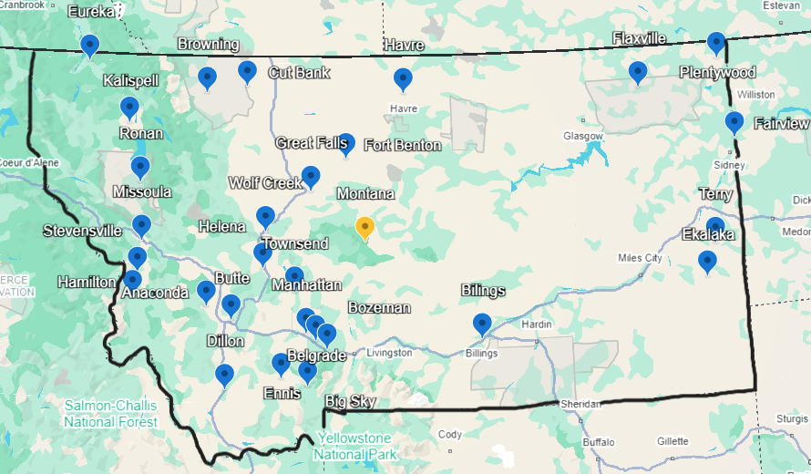 Map of Montana with blue pins spread throughout representing Disocvery Call registrants zip codes 