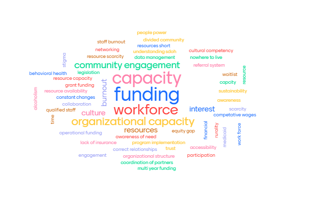 Wordcloud generated by Discovery Call survey responses with capacity and funding as the largest words, workforce next and several smaller words like burnout, interest, and more.