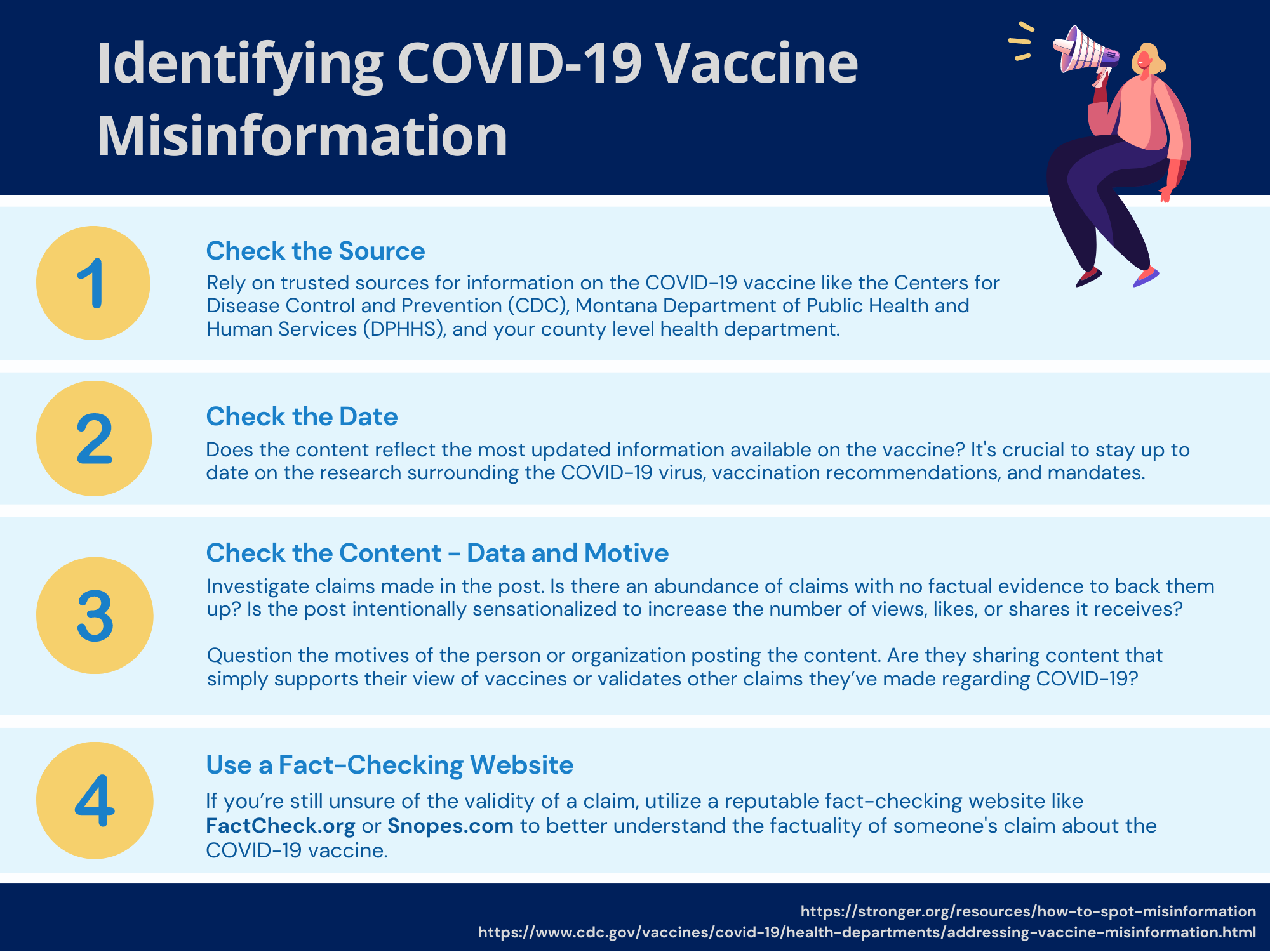 1. Check the Source. Rely on trusted sources for information on the COVID-19 vaccine like the Centers for Disease Control and Prevention (CDC), Montana Department of Public Health and Human Services (DPHHS), and your county level health department. 2. Check the date. Does the content reflect the most updated information available on the vaccine? It's crucial to stay up to date on the research surrounding the COVID-19 virus, vaccination recommendations, and mandates. 3. Check the Content - Data and Motive. Investigate claims made in the post. Is there an abundance of claims with no factual evidence to back them up? Is the post intentionally sensationalized to increase the number of views, likes, or shares it receives?  Question the motives of the person or organization posting the content. Are they sharing content that simply supports their view of vaccines or validates other claims they’ve made regarding COVID-19? 4. Use a Fact-Checking Website. If you’re still unsure of the validity of a claim, utilize a reputable fact-checking website like FactCheck.org or Snopes.com to better understand the factuality of someone's claim about the COVID-19 vaccine.