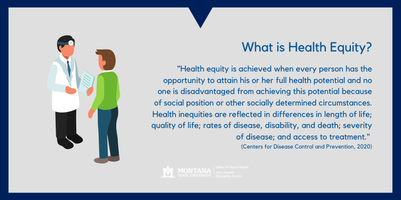 Medical provider and patient talking. What is Health Equity? "Health equity is achieved when every person has the opportunity to attain his or her full health potential and no one is disadvantaged from achieving this potential because of social position or other socially determined circumstances. Health inequities are reflected in differences in length of life; quality of life; rates of disease, disability, and death; severity of disease; and access to treatment."  (Centers for Disease Control and Prevention, 2020). 