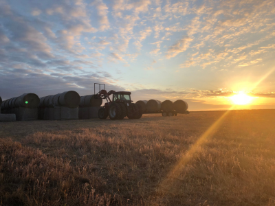 rural montana photo with tractor and sunset