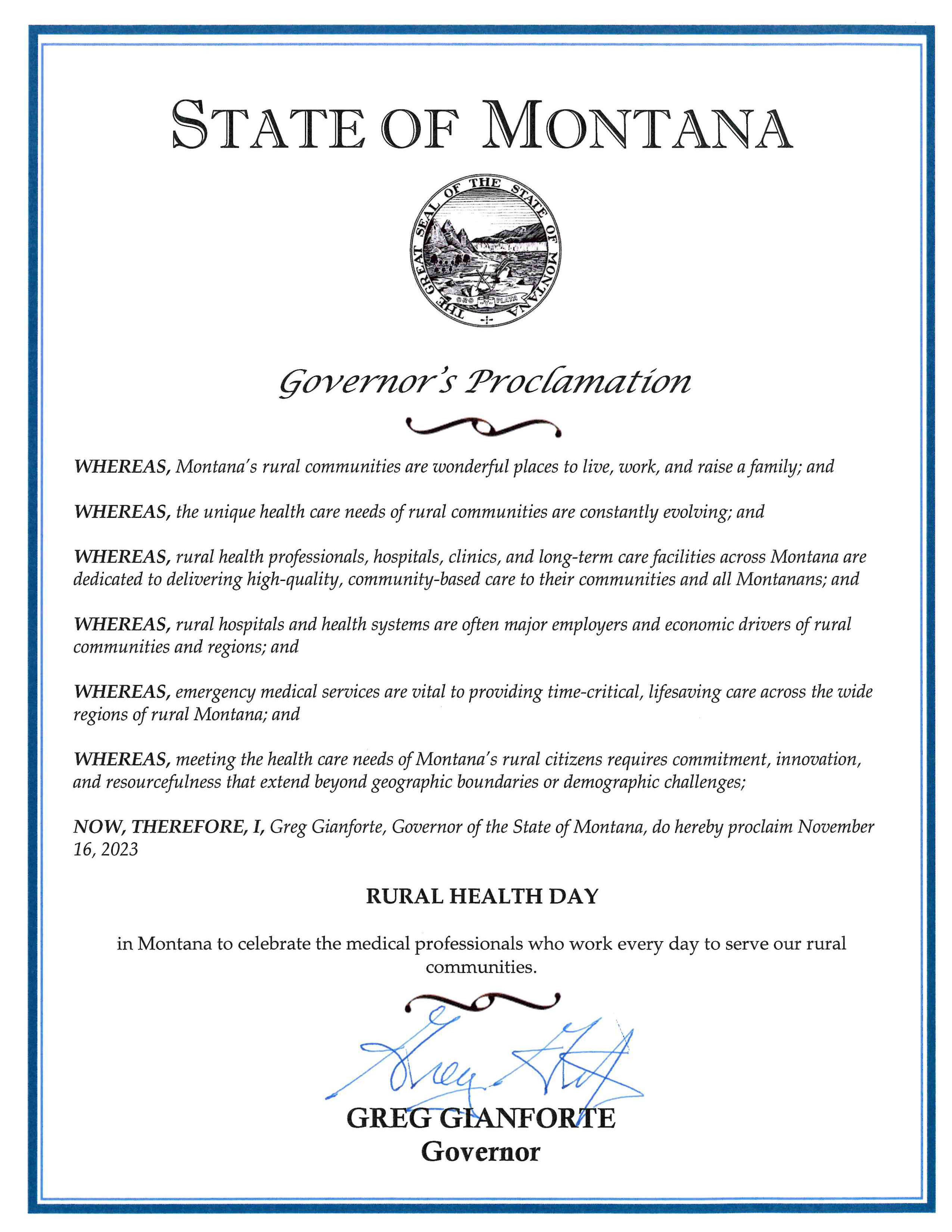 Governor's National Rural Health Day Proclamation